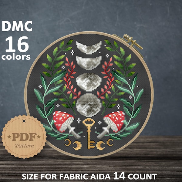 Moon Phases Cross Stitch Pattern: Floral Amanita Embroidery (PDF Pattern)