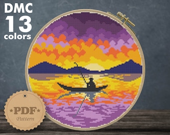 Sunset Fishing Landscape Cross Stitch Pattern: Modern Nature (PDF Pattern)