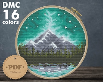 Night Sky Mountain Cross Stitch Pattern: Lake Landscape (PDF Pattern)