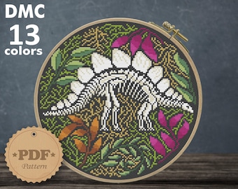 Stegosaurus Skeleton Floral Cross Stitch Pattern: Dino Decor (PDF Pattern)