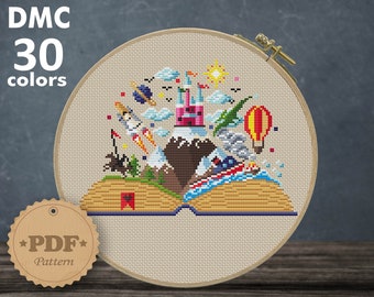 Book Lover's cross stitch pattern PDf, Magic world cross stitch pattern, Gift for reader and book lover, Bookworm cross stitch