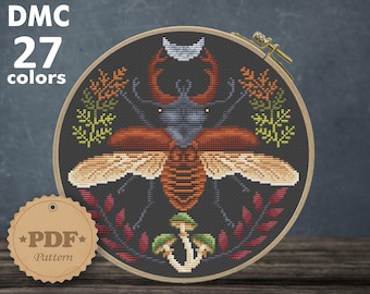 Stag Beetle & Mushroom Cross Stitch Pattern: Insect Embroidery (PDF)