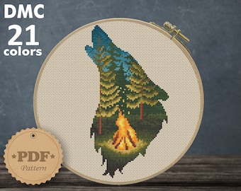 Wolf & Campfire Cross Stitch Pattern: Forest Landscape (PDF Pattern)
