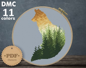 Fox silhouette cross stitch pattern PDF, Modern cross stitch pattern, Forest landscape cross stitch, Easy cross stitch, Fox embroidery PDF