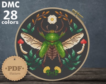Green Stag Beetle Cross Stitch Pattern: Cottagecore Embroidery (PDF)