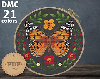 Monarch butterfly cross stitch pattern PDf, Modern cross stitch pattern, Cottagecore decor, Blooming butterfly, Butterfly wall decor DIY