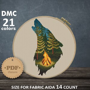 Padrão de ponto cruz de lobo e fogueira: paisagem de floresta (padrão em PDF)