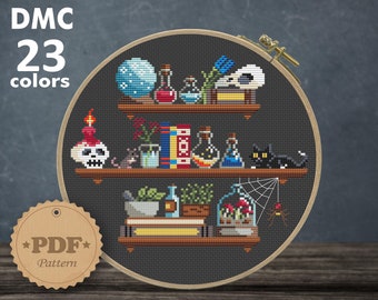 Witch Bookshelf Cross Stitch Pattern: Spooky Halloween Decor (PDF Pattern)