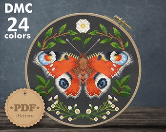 Peacock Butterfly cross stitch pattern PDf, Floral butterfly cross stitch pattern, Cottagecore decor DIY Home decor, Instant download PDF