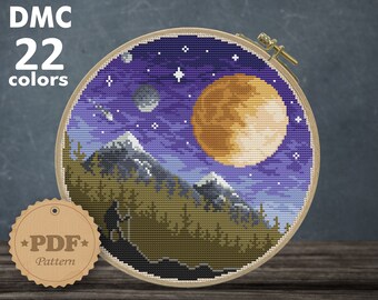 Night Sky Mountain Cross Stitch Pattern: Moon, Forest (PDF Pattern)