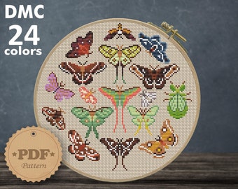 Moths Cross Stitch Pattern: Luna Moth & Floral Design (PDF Pattern)