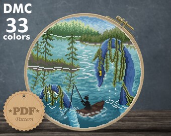 Nessie Cross Stitch Pattern: Loch Ness Monster, Nature Scene (PDF Pattern)