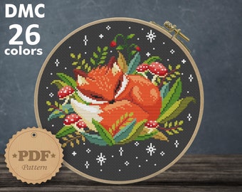 Cute fox cross stitch pattern PDF, Modern cross stitch pattern, Sleepy fox cross stitch Cottagecore decor, Fox embroidery, Baby cross stitch
