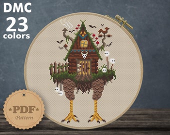 Baba Yaga maison motif de point de croix PDf, point de croix de maison de jambe de poulet, point de croix d'Halloween, point de croix effrayant, décoration murale sorcière bricolage