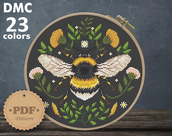 Floral Bumblebee cross stitch pattern PDf, Bee embroidery art, Flower cross stitch pattern, Cottagecore decor, Honey bee embroidery