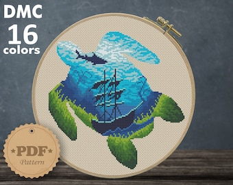 Sea Turtle cross stitch pattern, Modern cross stitch PDF, Ship cross stitch, Ocean cross stitch, Sea Turtle Cross Stitch, Shark silhouette