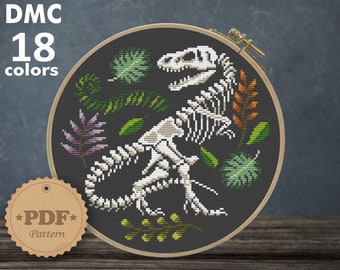 Tyrannosaurus skeleton cross stitch pattern PDf, Dinosaur cross stitch, Halloween cross stitch, Floral t-rex cross stitch, Dino wall decor