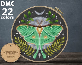 Luna Moth Butterfly cross stitch pattern PDf, Moon Phase cross stitch, Spanish moon moth cross stitch, Butterfly cross stitch DIY Home decor