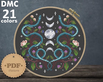 Serpent Moon Cross Stitch Pattern: Mystical Snake Decor (PDF Pattern)