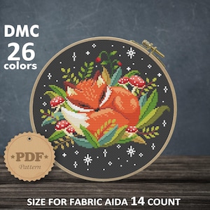 Cute fox cross stitch pattern PDF, Modern cross stitch pattern, Sleepy fox cross stitch Cottagecore decor, Fox embroidery, Baby cross stitch