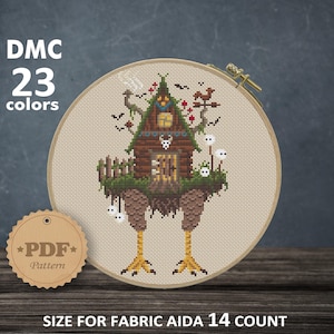 Baba Yaga house cross stitch pattern PDf, Chicken leg house cross stitch, Halloween cross stitch, Spooky cross stitch, Witchy wall decor DIY