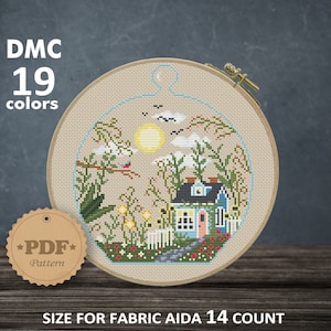 妖精の家テラリウムのクロスステッチパターン：花柄のホームデコレーション（PDF）