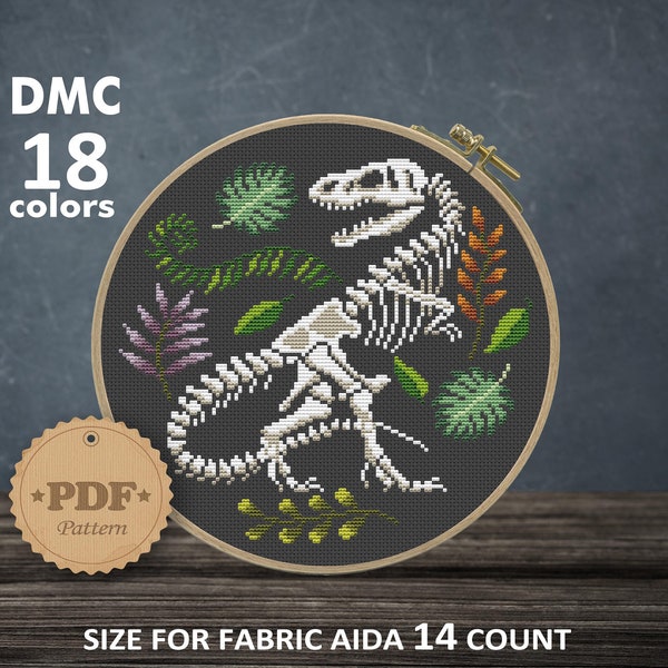 Floral T-Rex Skeleton Cross Stitch Pattern: Dinosaur Halloween (PDF Pattern)