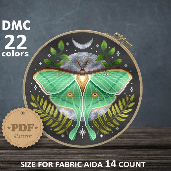 Luna Moth Butterfly cross stitch pattern PDf, Moon Phase cross stitch, Spanish moon moth cross stitch, Butterfly cross stitch DIY Home decor