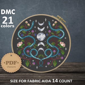 Serpent cross stitch pattern PDF, Modern cross stitch, Mystical snake cross stitch, Cottagecore decor, Snake home decor, Moon Cross stitch