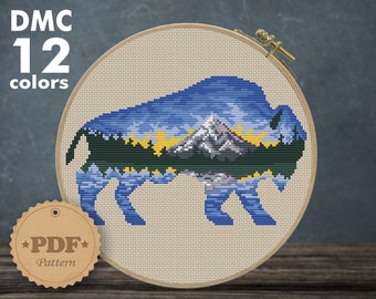 Buffalo Silhouette Cross Stitch Pattern: Mountain Forest Design (PDF)