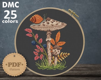 Snail on Mushroom Cross Stitch Pattern: Floral Toadstool Design (PDF)