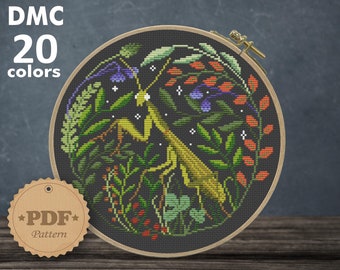 Praying Mantis cross stitch pattern PDf, Floral mantis cross stitch, Flower cross stitch pattern, Cottagecore decor, Entomology embroidery