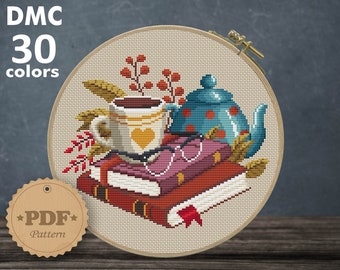 Books and Coffee Cross Stitch Pattern: Autumn Reader Gift (PDF Pattern)