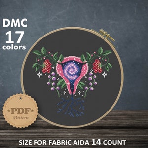 May include: A cross-stitch pattern featuring a pink uterus with a swirling galaxy inside, surrounded by pink and green flowers and vines. The pattern is on a black background and is framed in a wooden hoop. The pattern is 112 x 101 stitches and measures 8.00 x 7.21 inches.