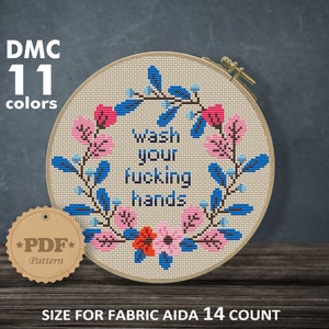 Wash your hands cross stitch, Cross stitch quotes, Floral cross stitch, Modern cross stitch pattern, Funny Cross Stitch chart