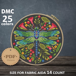 Dragonfly cross stitch pattern PDf, Modern cross stitch pattern, Flower cross stitch pattern, Cottagecore decor, Entomology embroidery