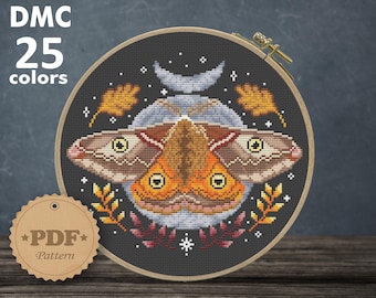 Patrón de punto de cruz de la Polilla Emperadora Lunar: Fases lunares Cottagecore (Patrón PDF)