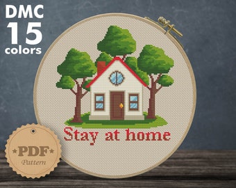 Stay at home cross stitch pattern PDF, Modern cross stitch pattern, House cross stitch, Landscape cross stitch pattern, Cross stitch quote