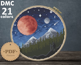 Night Sky Cross Stitch Pattern: Mountain Landscape Embroidery (PDF Pattern)