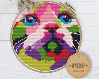 Colorful Cat Cross Stitch Pattern: Modern Embroidery Design (PDF Pattern)