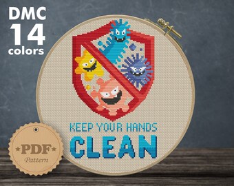 Funny Bathroom Cross Stitch Pattern: Keep Your Hands Clean (PDF Pattern)