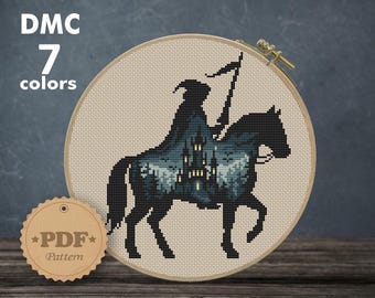 Gothic Knight Cross Stitch Pattern, Dark Fantasy Rider Castle Embroidery (PDF Download)