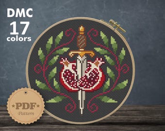 Sword and Pomegranate Cross Stitch Pattern PDF, Gothic Witchy Embroidery Chart, Dark Academia Needlepoint Design, Botanical Dagger Stitch