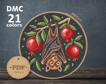 Bat Cross Stitch Pattern PDF, Gothic Pomegranate Embroidery, Dark Academia Needlepoint Design, Witchy Fruit Cross Stitch, Halloween Decor