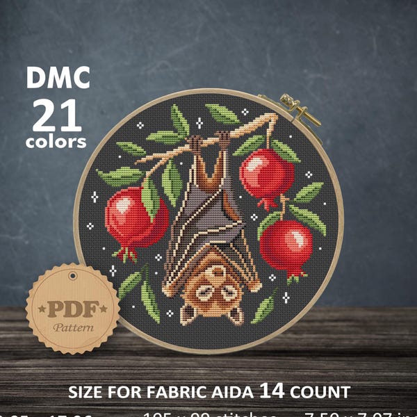 Bat Cross Stitch Pattern PDF, Gothic Pomegranate Embroidery, Dark Academia Needlepoint Design, Witchy Fruit Cross Stitch, Halloween Decor