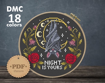 Bat Cross Stitch Pattern PDF, Gothic Witchy Needlepoint, Dark Academia Decor, Mystical Art Stitch, Floral Bat