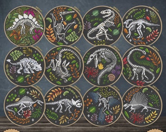 12 Dinosaur Skeleton cross stitch pattern PDf, Jurassic cross stitch, Halloween cross stitch, Floral dino cross stitch, Dino wall decor DIY