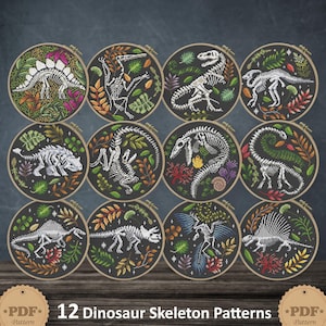 12 Dinosaur Skeleton cross stitch pattern PDf, Jurassic cross stitch, Halloween cross stitch, Floral dino cross stitch, Dino wall decor DIY