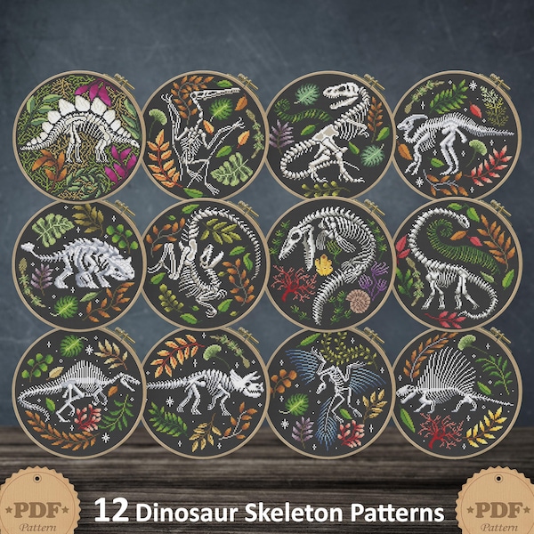 Dinosaur Skeleton Cross Stitch Pattern: Jurassic Floral DIY (PDF)