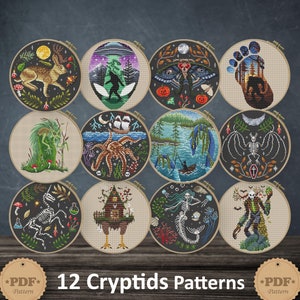 Op de afbeelding: Twaalf verschillende kruissteekpatronen met verschillende cryptiden, waaronder een jackalope, een Bigfoot, een mothman, een Jersey Devil en een chupacabra. Elk patroon wordt weergegeven in een ronde hoepel met een donkere achtergrond.